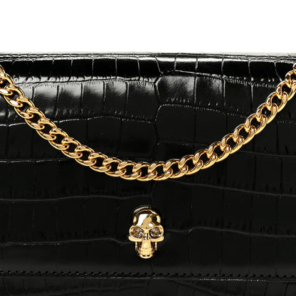 Alexander McQueen Calfskin Crocodile Embossed Skull Mini Shoulder Bag Black