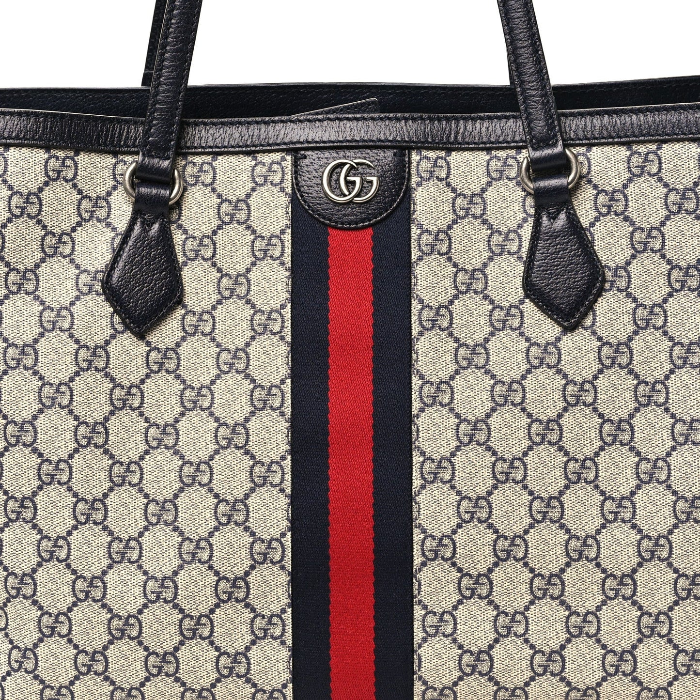 GG Supreme Monogram Textured Calfskin Web Medium Ophidia Shopping Tote Beige Blue