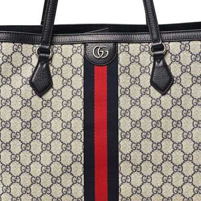 GG Supreme Monogram Textured Calfskin Web Medium Ophidia Shopping Tote Beige Blue