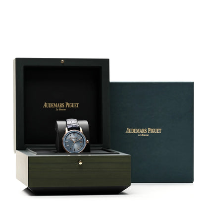 Audemars Piguet 18K Rose Gold Alligator 38mm Code 11.59 Automatic Watch Blue 77410OR.OO.A344CR.01