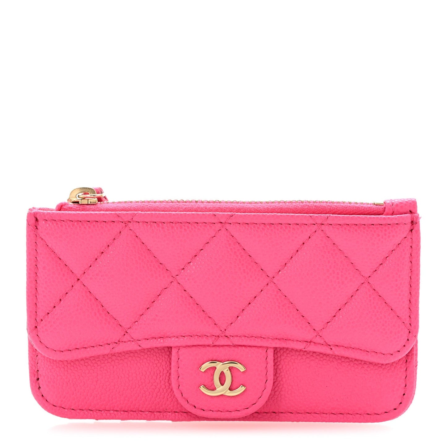 Caviar Quilted Flap Zip Card Holder Dark Pink