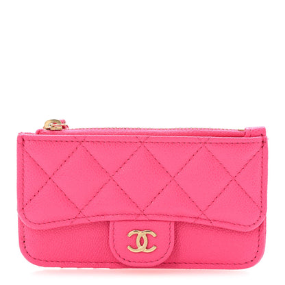 Caviar Quilted Flap Zip Card Holder Dark Pink