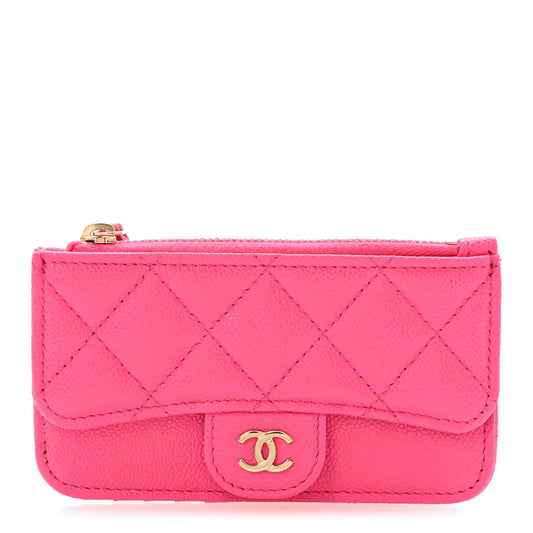 Caviar Quilted Flap Zip Card Holder Dark Pink