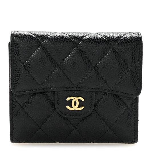 Caviar Quilted Compact Flap Wallet Black