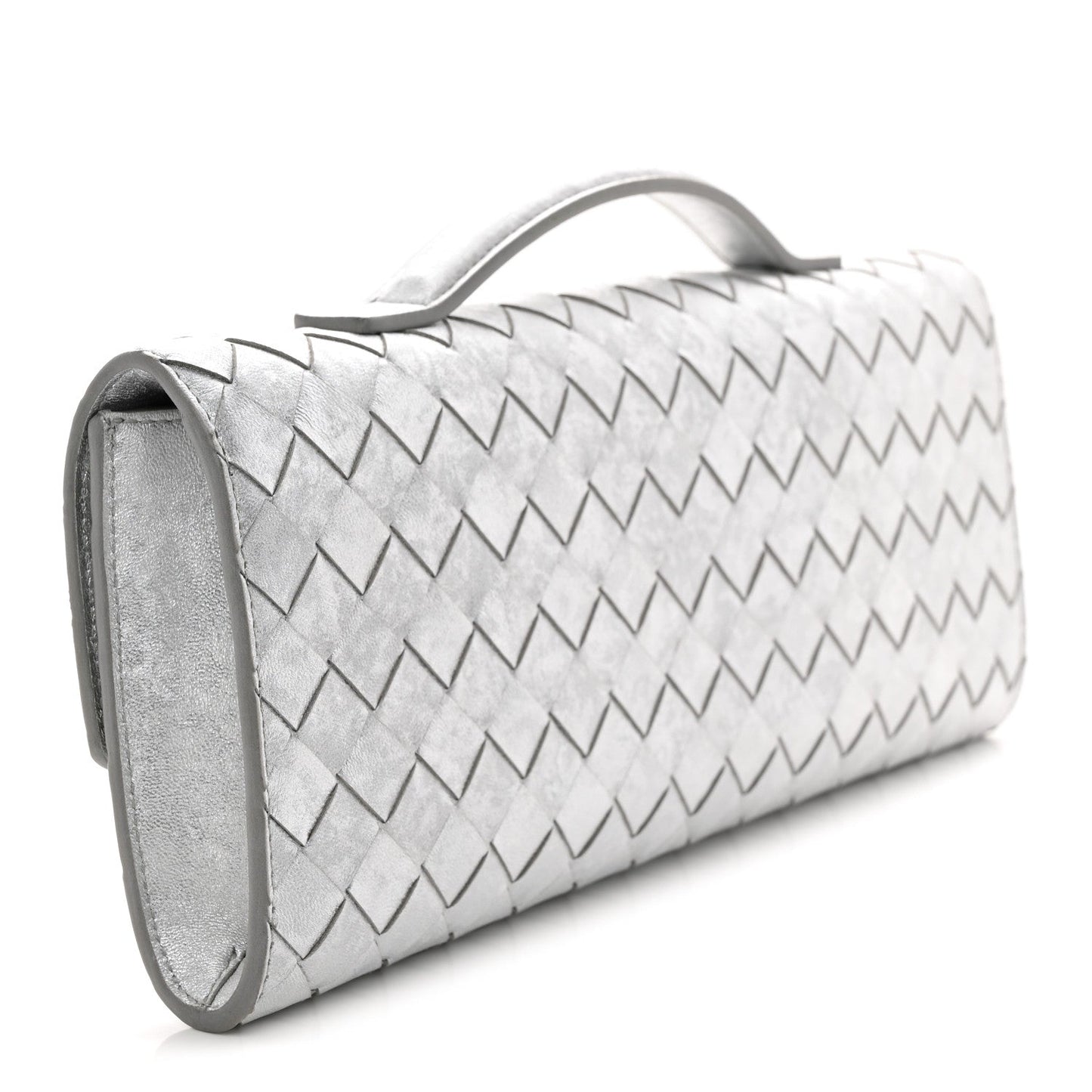 Metallic Lambskin Intrecciato Long Andiamo Top Handle Clutch Silver