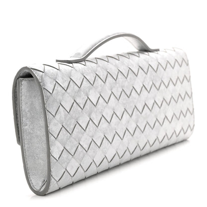 Metallic Lambskin Intrecciato Long Andiamo Top Handle Clutch Silver