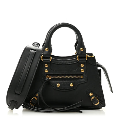 Balenciaga Smooth Calfskin Neo Classic Brass Hardware Nano City Crossbody Black