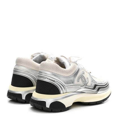Fabric Laminated Calfskin Stretch CC Womens Sneakers 39 White Silver