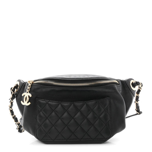 Lambskin Quilted Waist Bag Fanny Pack Black