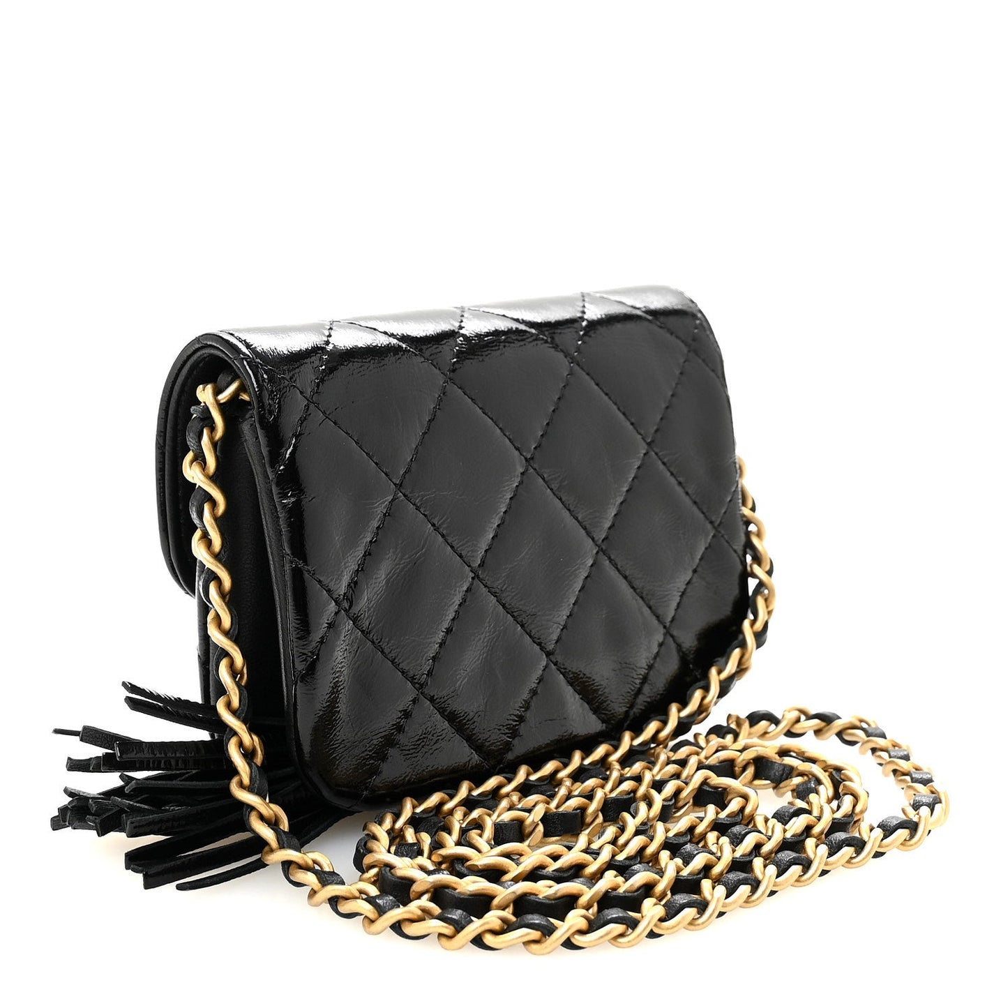 Crumpled Patent Lambskin Quilted Tassel Clutch With Chain Black