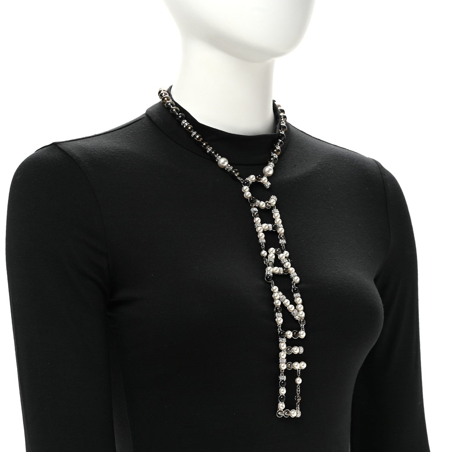 Pearl Crystal Bead Chanel Logo Necklace Silver