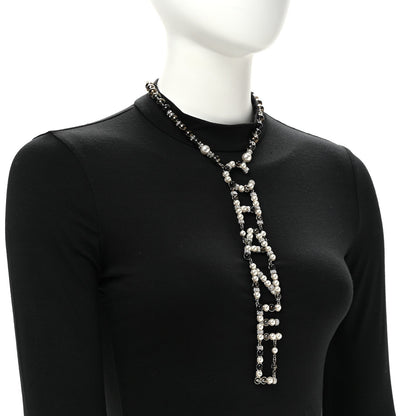 Pearl Crystal Bead Chanel Logo Necklace Silver