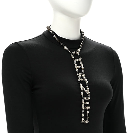 Pearl Crystal Bead Chanel Logo Necklace Silver
