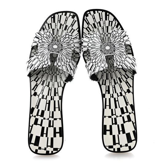 Calfskin Printed Op'H Oran Sandals 40.5 Black White
