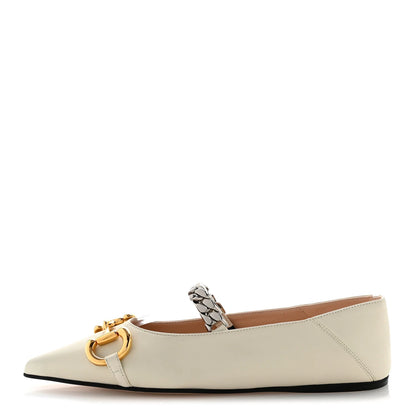 Gucci Nappa Lumiere Deva Horsebit Chain Embellished Flats 35.5 Dusty White