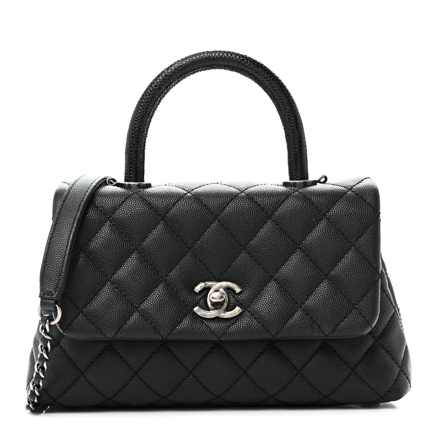 Caviar Lizard Embossed Quilted Mini Coco Handle Flap Black