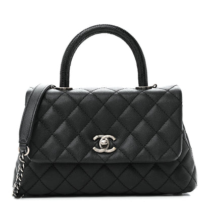 Caviar Lizard Embossed Quilted Mini Coco Handle Flap Black