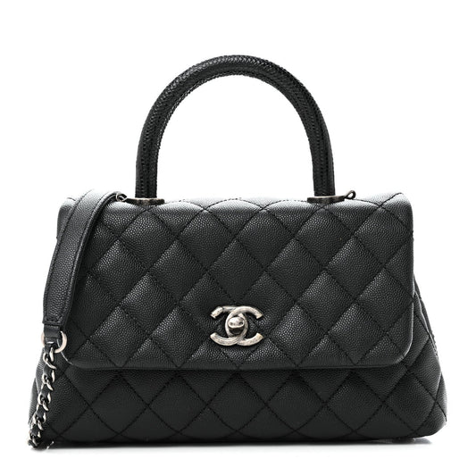 Caviar Lizard Embossed Quilted Mini Coco Handle Flap Black