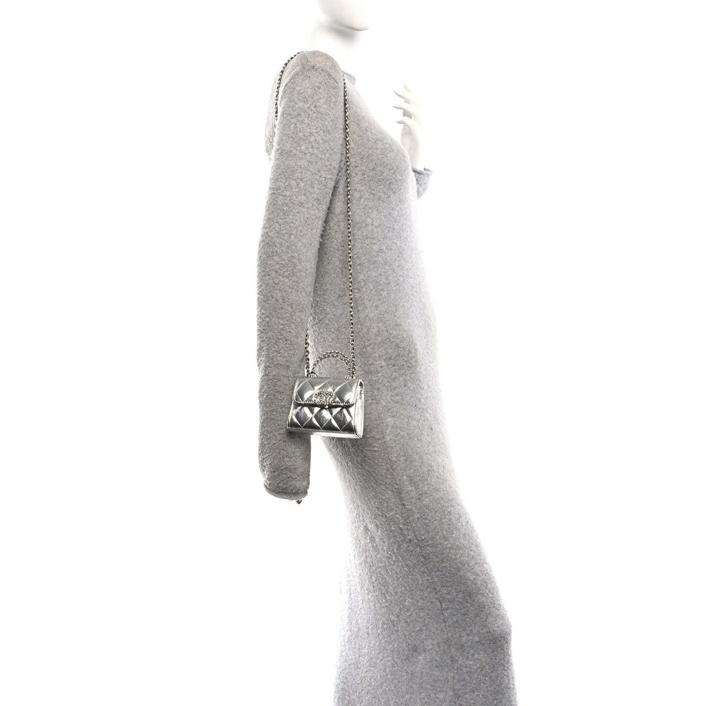 Metallic Lambskin Quilted Mini Chain CC Top Handle Clutch With Chain Silver