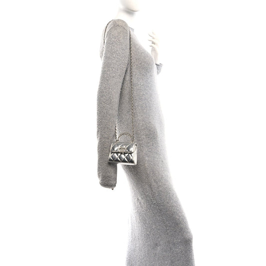 Metallic Lambskin Quilted Mini Chain CC Top Handle Clutch With Chain Silver