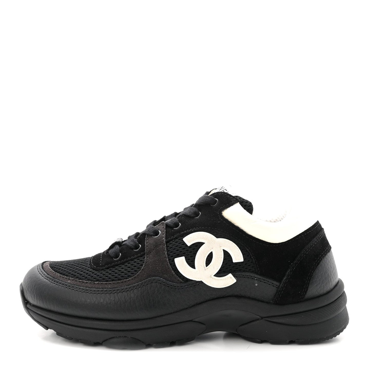 Mesh Suede Grained Calfskin Womens CC Sneakers 37.5 Black White