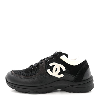 Mesh Suede Grained Calfskin Womens CC Sneakers 37.5 Black White