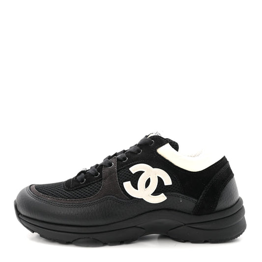 Mesh Suede Grained Calfskin Womens CC Sneakers 37.5 Black White