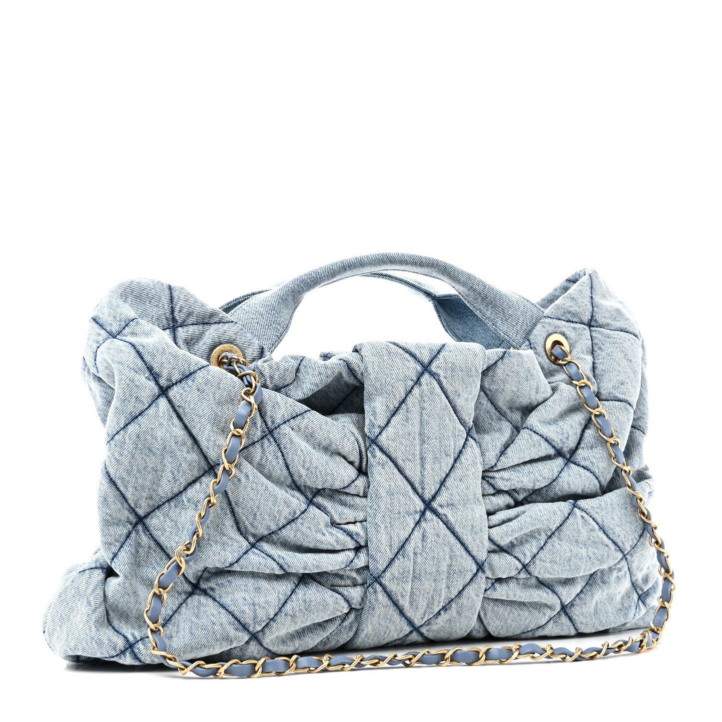 Washed Denim Quilted Maxi Bow Bag Blue