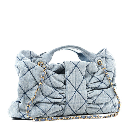 Washed Denim Quilted Maxi Bow Bag Blue