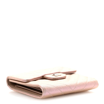 Metallic Caviar Chevron Quilted Compact Flap Wallet Light Gold