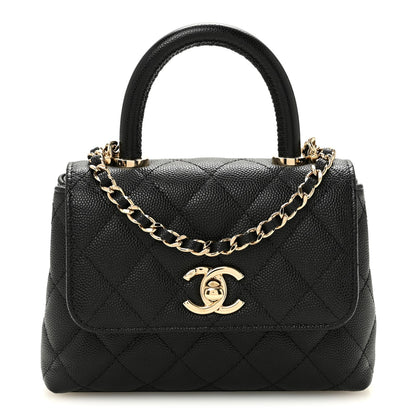 Caviar Quilted Coco Handle Clutch With Chain Black