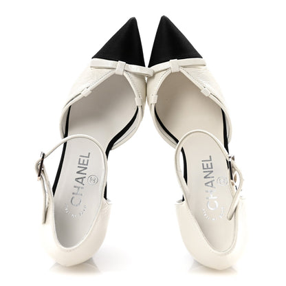 Crumpled Calfskin Satin Cap Toe CC Pumps 36 White Black