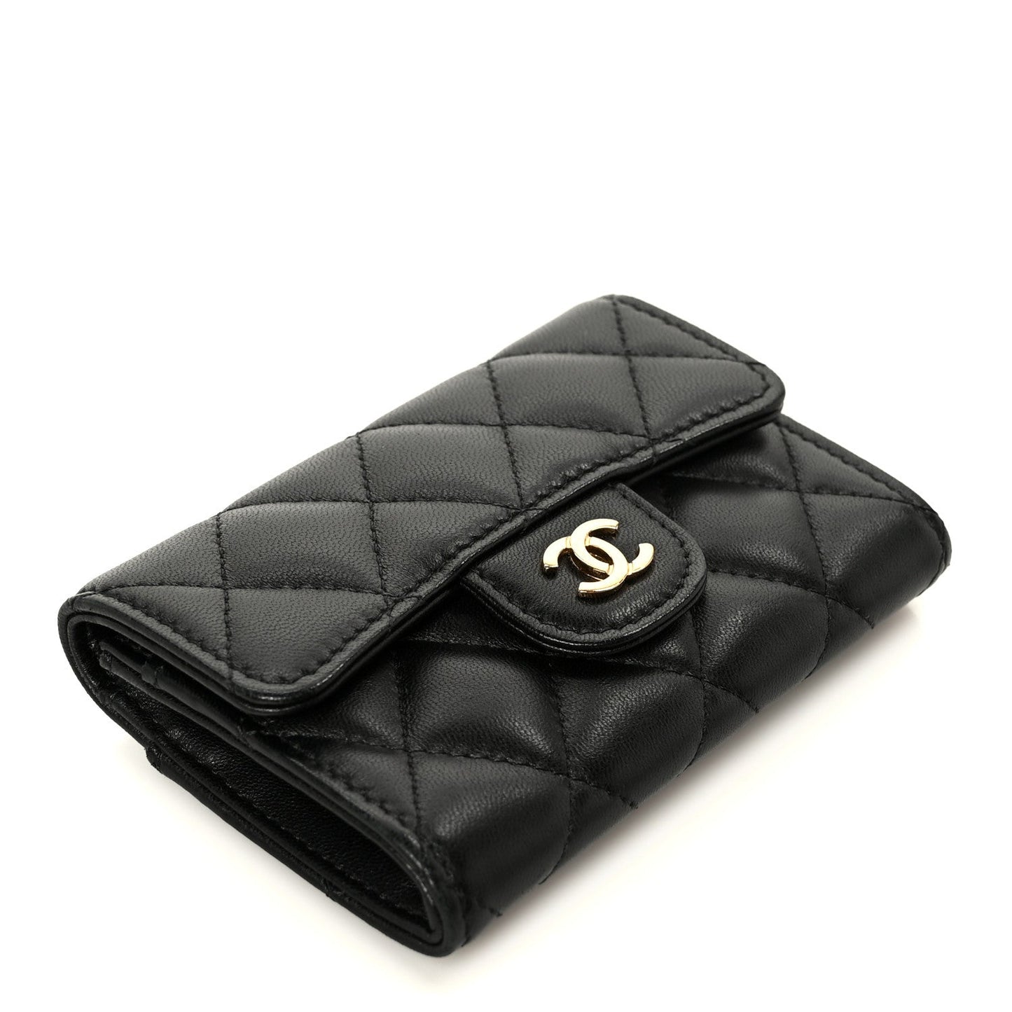 Lambskin Quilted Flap Card Holder Wallet Black