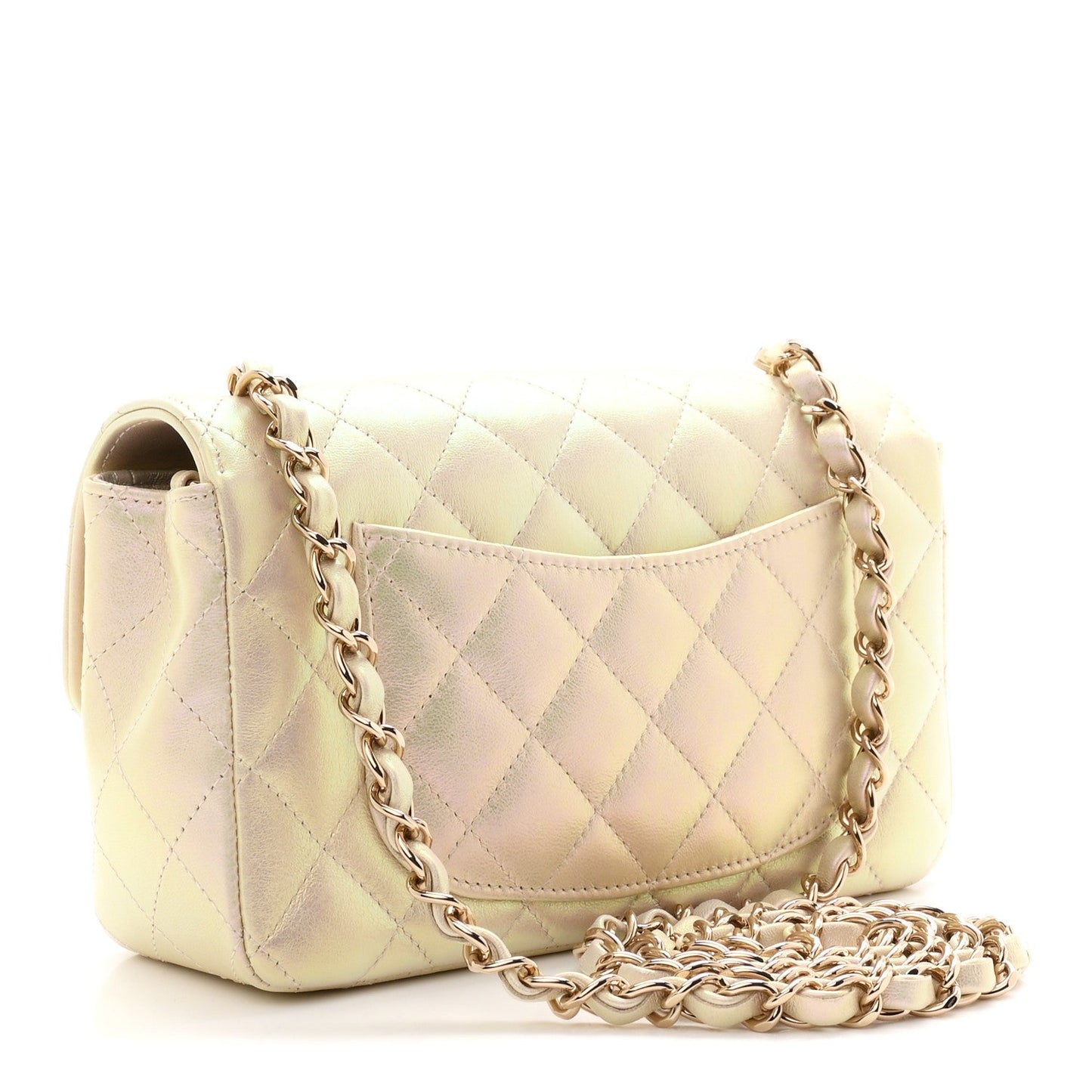 Iridescent Lambskin Quilted Mini Rectangular Flap Ivory