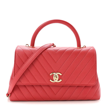 Caviar Chevron Quilted Small Coco Handle Flap Red