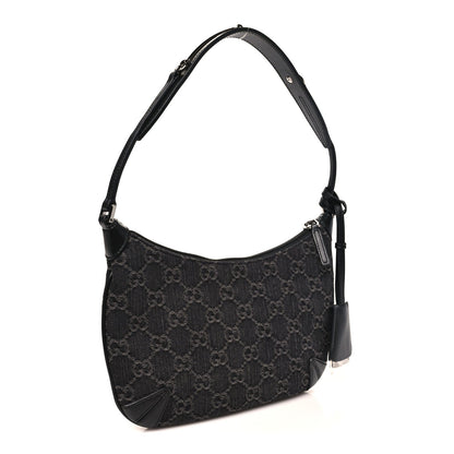 Jacquard Black Denim GG Monogram Horsebit Slim Small Shoulder Bag Black Grey