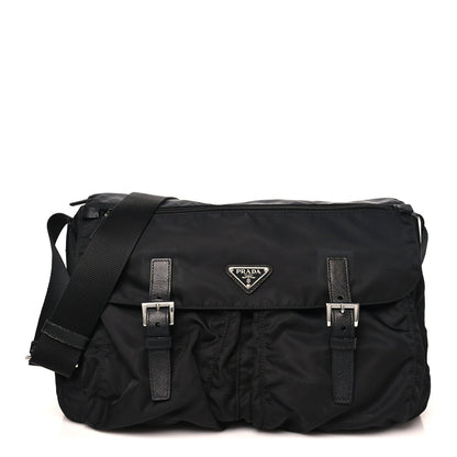 Tessuto Nylon Saffiano Double Buckle Messenger Shoulder Bag Black