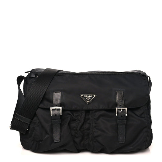 Tessuto Nylon Saffiano Double Buckle Messenger Shoulder Bag Black