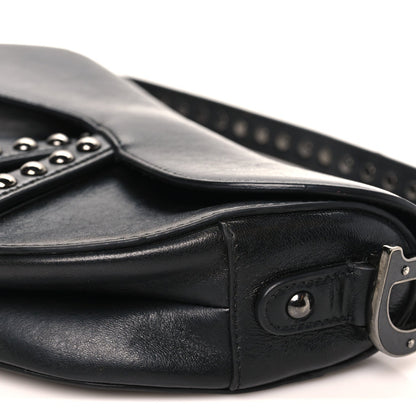 Shiny Crinkled Calfskin Studded Saddle Bag Black