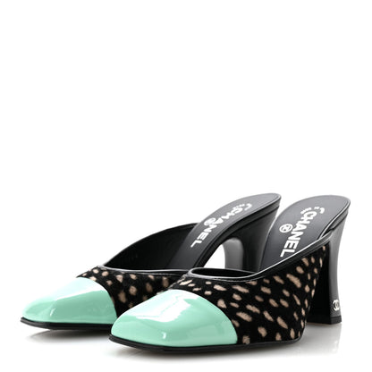 Pony Hair Lambskin Patent Calfskin Cap Toe Mules 38.5 Black White Green