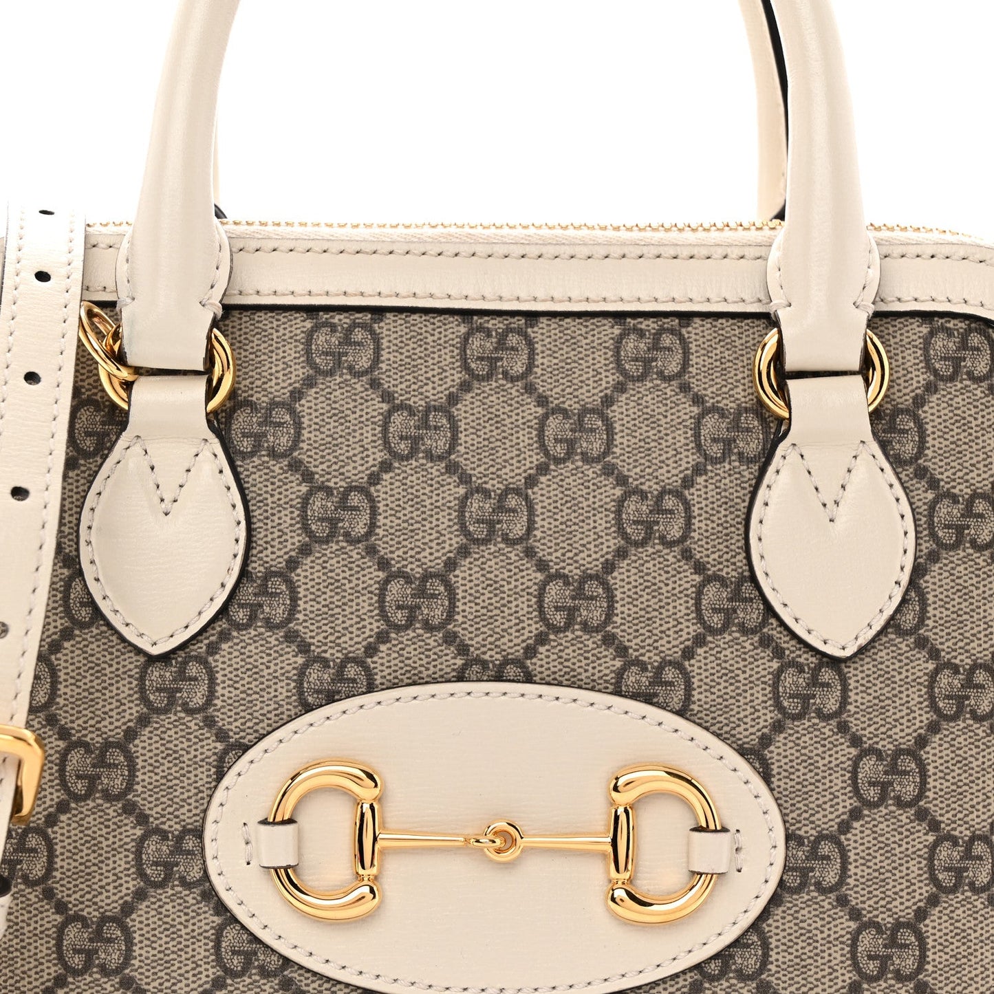 GG Supreme Monogram Azalea Calfskin Small Horsebit 1955 Top Handle Bag Beige Ebony Mystic White