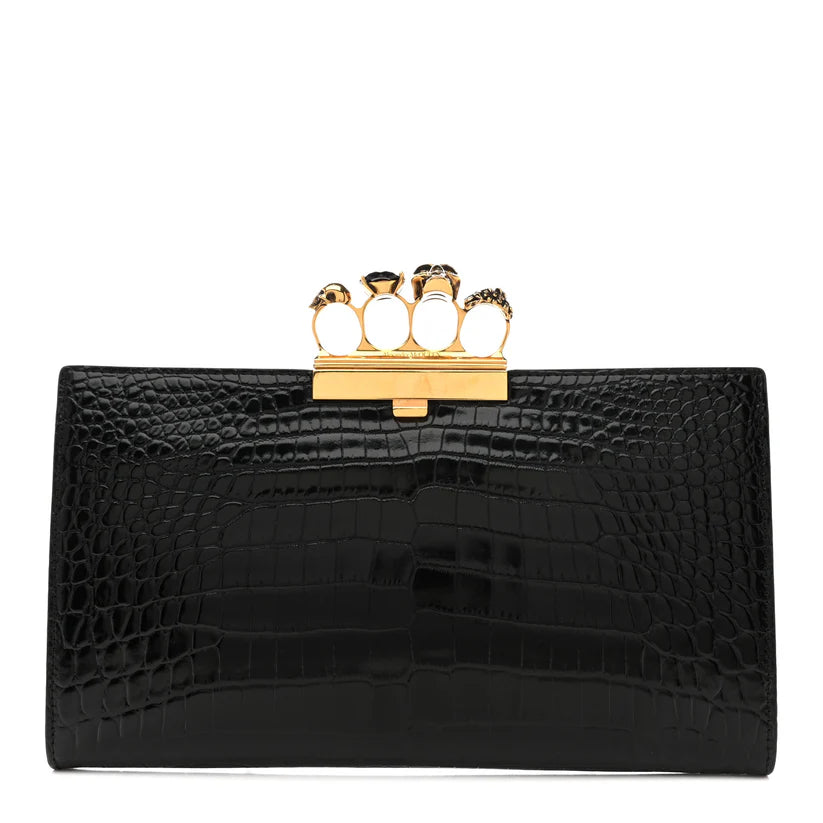 Alexander McQueen Calfskin Crocodile Embossed Knuckle Flat Clutch Black Gold