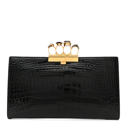Alexander McQueen Calfskin Crocodile Embossed Knuckle Flat Clutch Black Gold