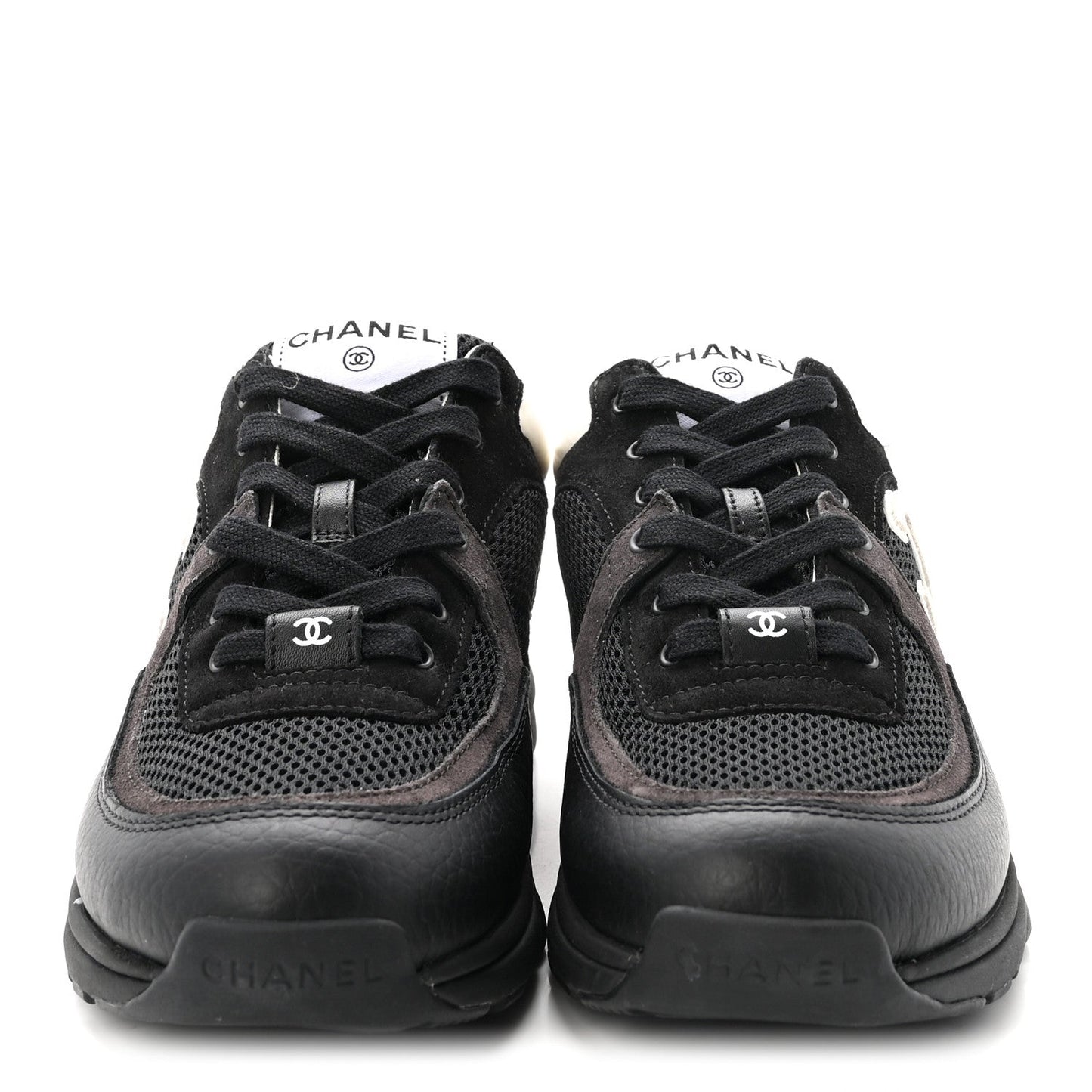 Mesh Suede Grained Calfskin Womens CC Sneakers 37.5 Black White