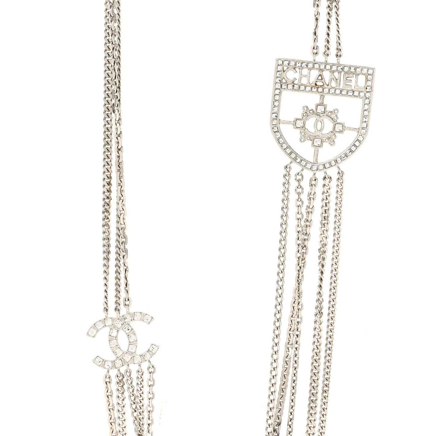 Baguette Crystal CC Shield Multi Strand Long Chain Necklace Silver