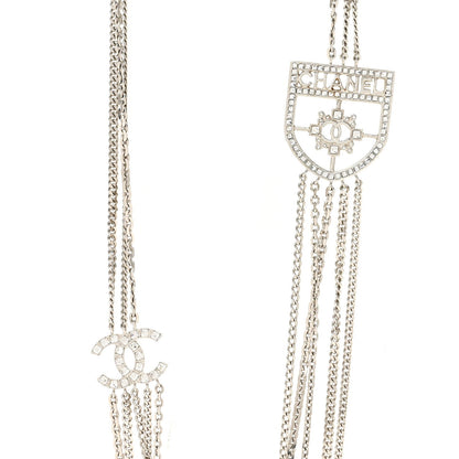 Baguette Crystal CC Shield Multi Strand Long Chain Necklace Silver