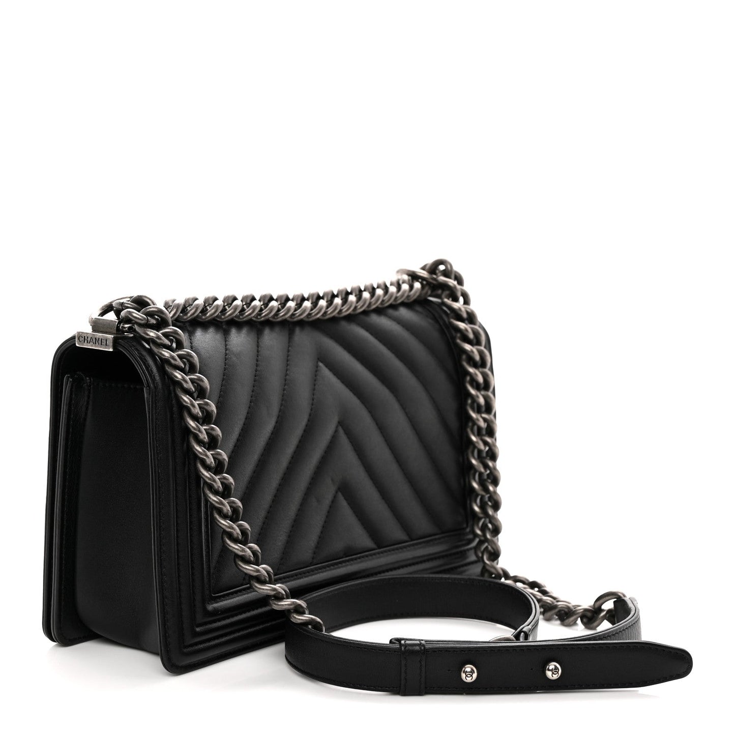 Calfskin Chevron Quilted Medium Boy Flap Black