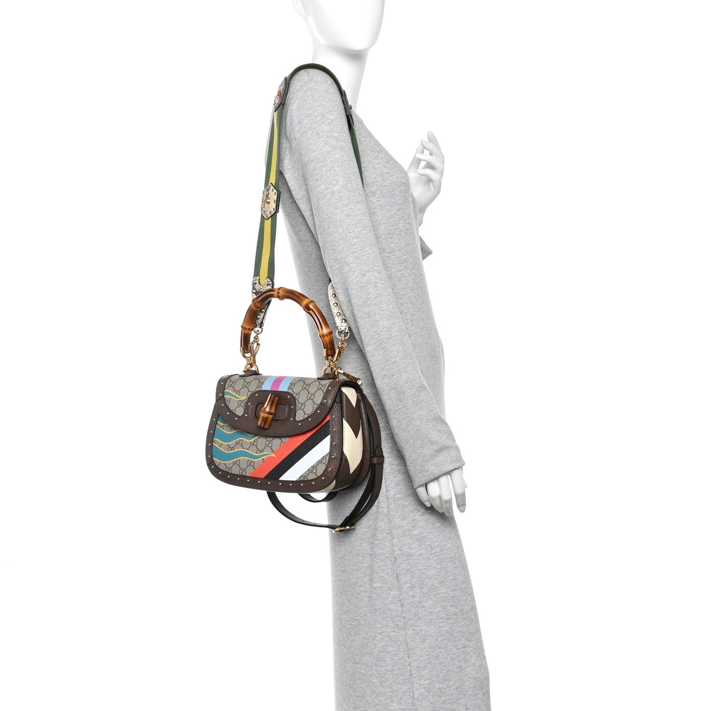 GG Supreme Monogram Studded Calfskin 100 Centennial Geometric Medium Bamboo 1947 Top Handle Bag Beige Ebony Multicolor