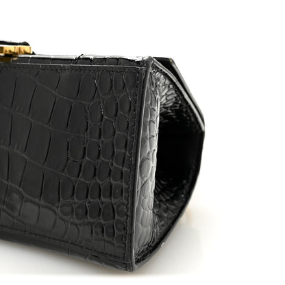 Shiny Calfskin Crocodile Embossed Small Hourglass Top Handle Bag Black