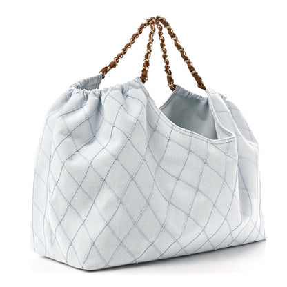Denim Calfskin Quilted Coco Beach Small Shopping Tote Light Blue Brown